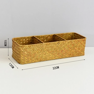 Three-compartment woven seagrass organizer basket measuring 32x12x10cm for desk storage