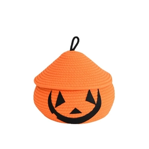 Orange woven cotton pumpkin storage basket with lid for Halloween desk organization