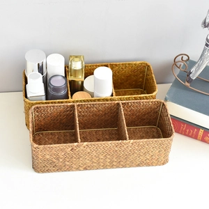 Hand-Woven Wicker Storage Basket Triple Compartment Desktop Organizer Rectangular Bin For Cosmetics Stationery Sundries Home Decor Office