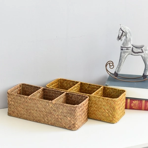 Handwoven seagrass desktop storage baskets with 3 compartments and metal frame reinforcement