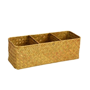 3-compartment hand-woven seagrass storage basket for desk organization in natural finish