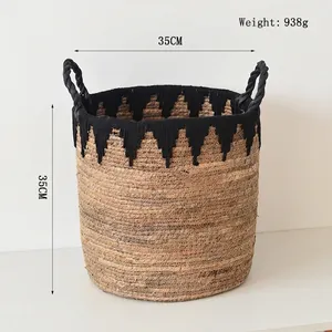 Detail of handmade seagrass basket with black tassels showing 35cm size and 938g weight
