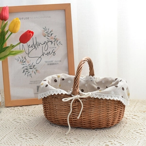 Handwoven Willow Picnic Basket With Polka Dot Lace Liner Vintage Rustic Oval Storage Basket With Handle For Fruit Egg Gift