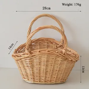 Detailed close-up of woven willow storage basket with dimensions 28x14x13cm