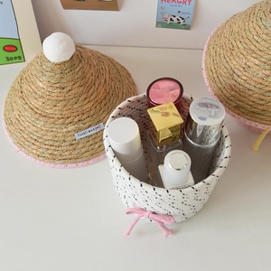 Cesto portaoggetti creativo in corda di cotone con coperchio e fiocco rosa da scrivania