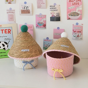 Cesto Portaoggetti Intrecciato a Mano a Forma di Fungo in Corda di Cotone e Paglia Con Coperchio Organizer Decorativo da Scrivania per Casa