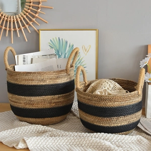 Handwoven Seagrass Storage Basket With Handles Nordic Style Contrast Stripe Laundry Hamper Toy Organizer Decorative Home Bin