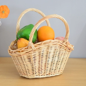 Handmade Wicker Storage Basket With Leather Handle Natural Willow Fruit Vegetable Picking Basket Rustic Pastoral Kitchen Sundries Organizer Decor