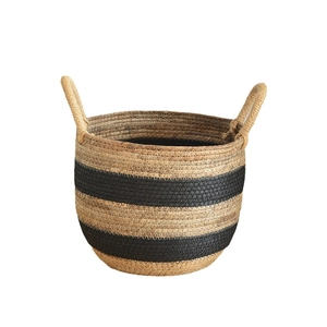 Large woven storage basket with natural and black stripes and sturdy side handles