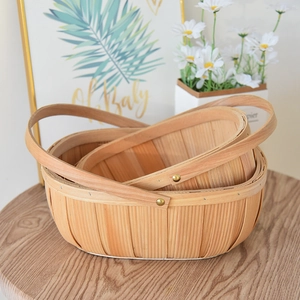 Handwoven Bamboo Wood Chip Storage Basket With Handle Pastoral Style Picnic Fruit Flower Gift Basket For Home Decor