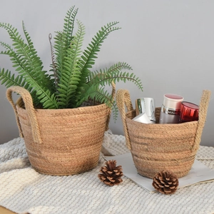 Nordic Handmade Straw Woven Storage Basket Natural Plant Fiber Flower Pot Cover With Hemp Rope Handles Home Decoration Sundries Organizer