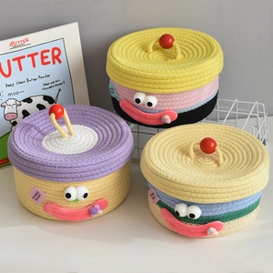 Cartoon Monster Cotton Rope Woven Storage Basket With Lid Cute Round Desktop Organizer For Toys Cosmetics Sundries