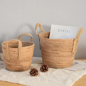 Nordic woven straw storage baskets set with handles for plants and home decor