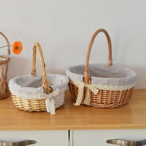 Macro detail of hand-woven wicker basket featuring a grey lace liner and decorative bow