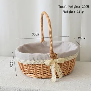 Detail of hand-woven wicker basket with grey linen lining and white lace trim