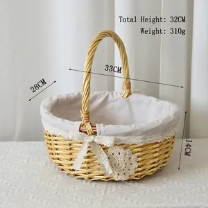 Detailed size specifications of natural wicker flower basket with white lace fabric liner
