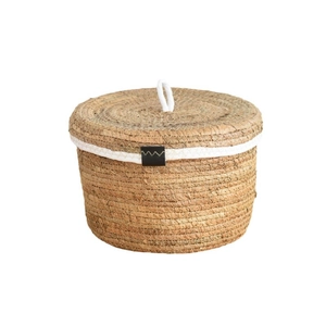Handwoven round storage basket with lid, white rope handle and faux leather patch decor