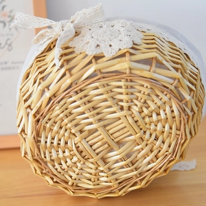 Macro detail of hand-woven wicker basket featuring lace trim and natural texture