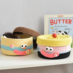 Cute cotton rope woven storage baskets with cartoon faces and lids for home organization