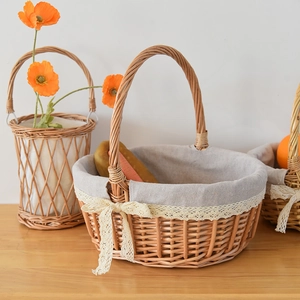 Close-up of woven wicker storage basket with grey fabric liner and delicate lace trim detail