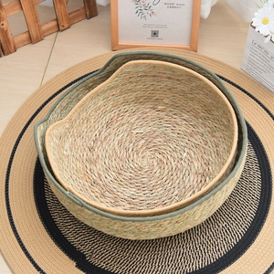 Nesting set of two handmade grass-woven round cat beds with cute animal ear designs