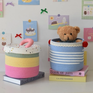 Handmade Cotton Rope Woven Storage Basket With Lid Cute Animal Embroidery Patchwork Desktop Organizer For Kids Room Home Decor
