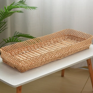 Handwoven rectangular wicker serving tray with hollow diamond pattern for home storage