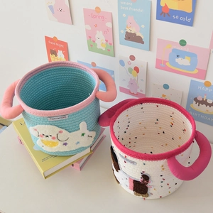 Handwoven desktop storage basket set with cute puppy patch and colorful handles for home decor