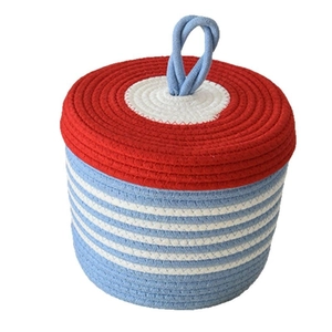Handcrafted round cotton rope storage basket with lid in red white and blue weave