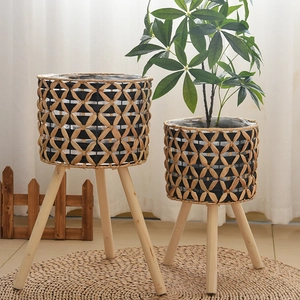 Detail of hand-woven planters with wooden tripod legs and waterproof plastic lining