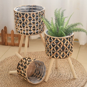 Detailed view of hand-woven planters with wooden tripod legs and waterproof inner lining
