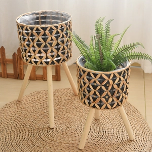 Detail of hand-woven plant stand with waterproof lining and sturdy tripod wooden legs