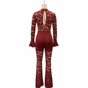Detailed back view of a burgundy floral lace jumpsuit with bell sleeves and open back cutout