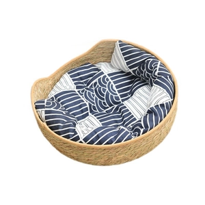 Handwoven natural cattail cat bed with Japanese wave pattern cushion for pets