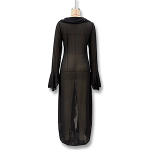 Back view of a sheer black mesh hooded cardigan with flared ruffle cuffs for beachwear