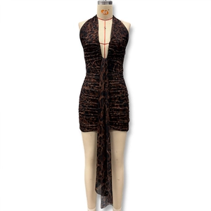 Detail view of leopard print mini dress featuring deep V-neck and decorative sash
