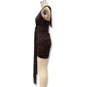 Detail of ruched leopard print mini dress with side ribbon and slimming fit texture