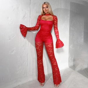 Elegant red lace long sleeve jumpsuit with cutout detail and bell sleeves for women