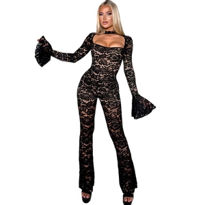 Sexy black lace jumpsuit with hollow neckline and flared sleeves on white background
