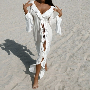 Sexy Deep V Neck Ruffle Beach Cover Up Dress Women Flare Long Sleeve High Waist Lace Up Solid Color Vacation Maxi Dress
