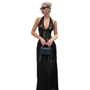 Elegant black halter dress with deep V-neck lace bodice and sleek satin-finish maxi skirt