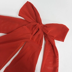 Detail of red mesh bow decoration on a sexy deep V backless halter leopard print dress