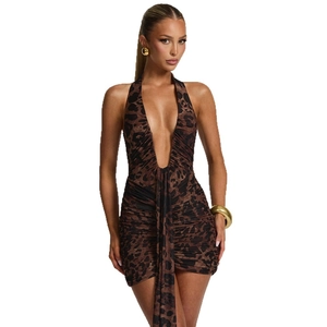 Sexy leopard print halter mini dress with deep V-neck and ruched details for women