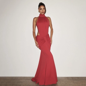 Vestito Lungo da Donna Scollo all Americana Schiena Scoperta Sirena Sexy Cut Out Arricciato Bodycon Sera Festa Elegante