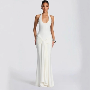 Donna Sexy Scollo all'Americana Arricciato Maxi Vestito Schiena Scoperta Bodycon Lunghezza al Pavimento Sera Festa Senza Maniche Chic