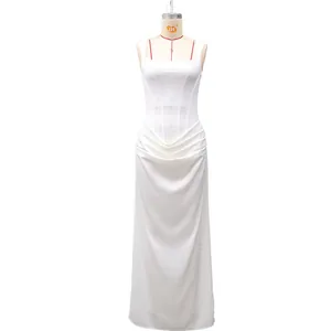 Detail view of white square neck sleeveless dress with bodice seams and waist pleats