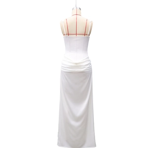 Detailed back view showing ruched layering and elegant drape on the white satin dress