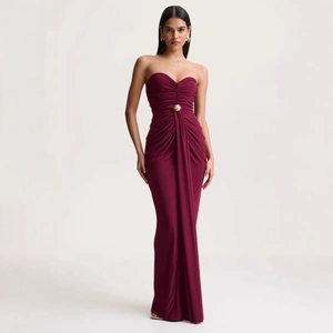 Elegant Strapless Ruched Maxi Dress For Women Solid Color Bodycon Evening Party Gown With Metal Buckle Polyester Slim Dress
