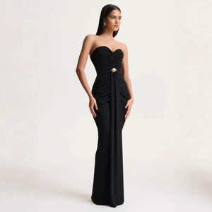 Elegant black strapless evening dress with slimming ruched waist and gold buckle accent
