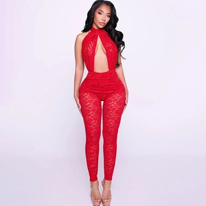Sexy Women's Lace Halter Jumpsuit Hollow Out Backless Splicing Bodycon Tight One Piece Romper Party Clubwear Fashion Long Pants